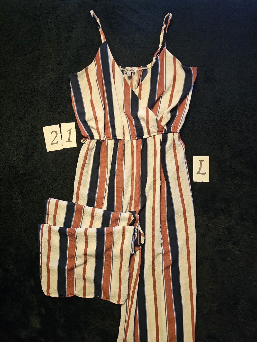 J for Justify Striped Wrap-Front Jumpsuit in Navy, Rust & Cream